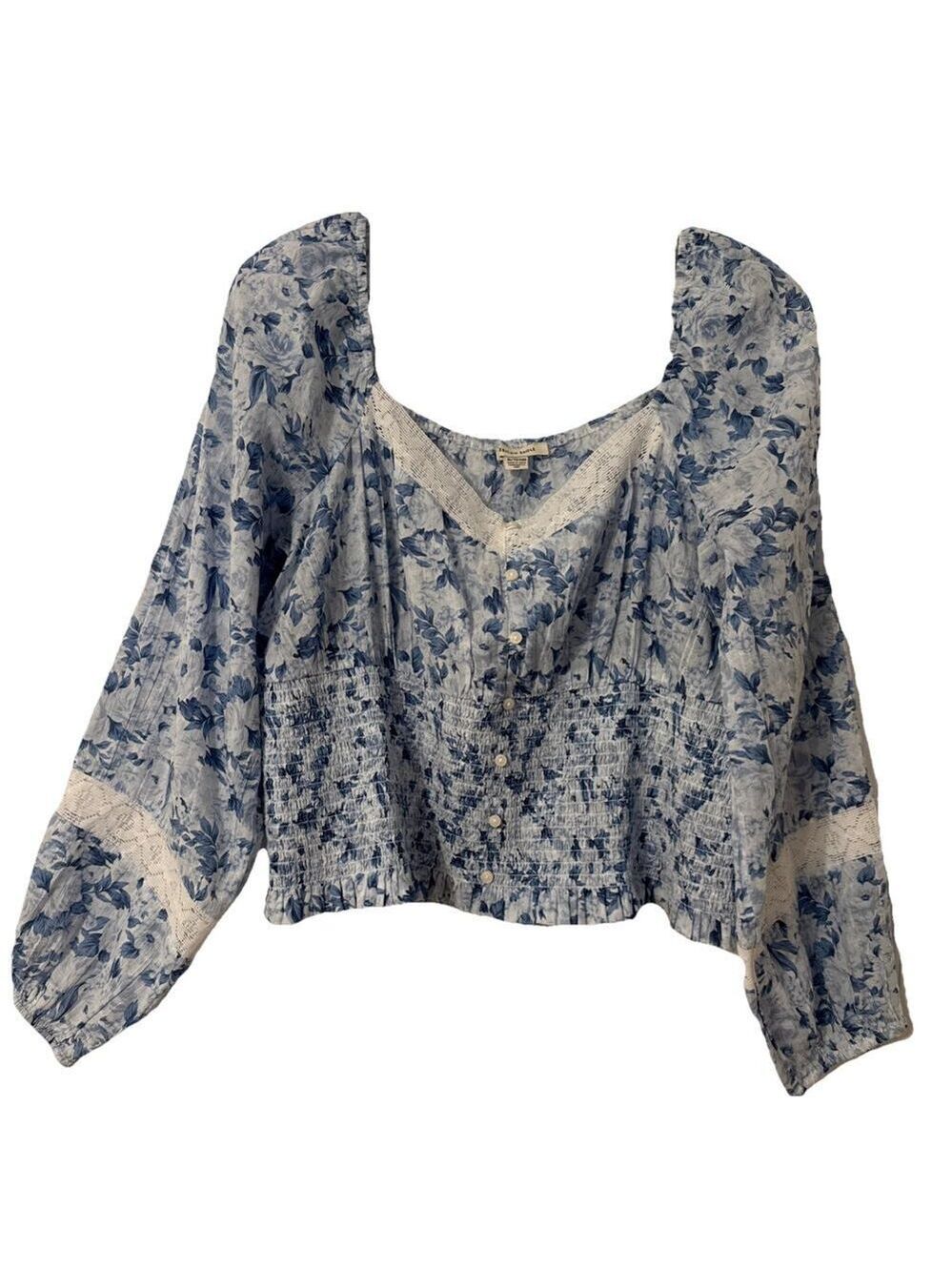 Amercian Eagle Outfitters Boho Blue White Floral Button Smocked Crop Top XL